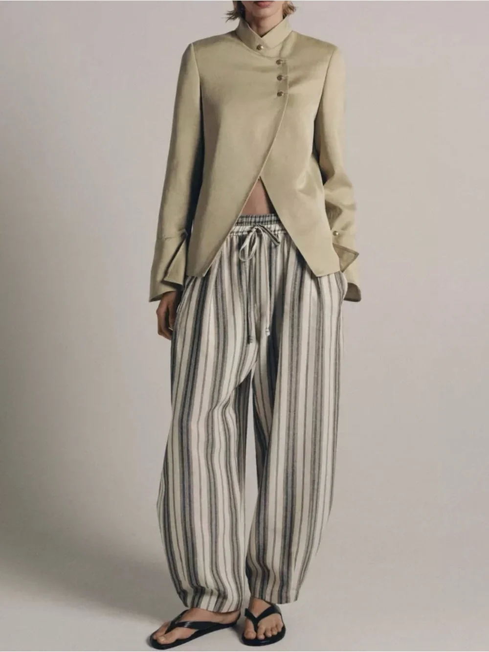 Zara Woman Collection Striped Wide-Leg Linen-Blend Drawstring Pajama Pants NWT
